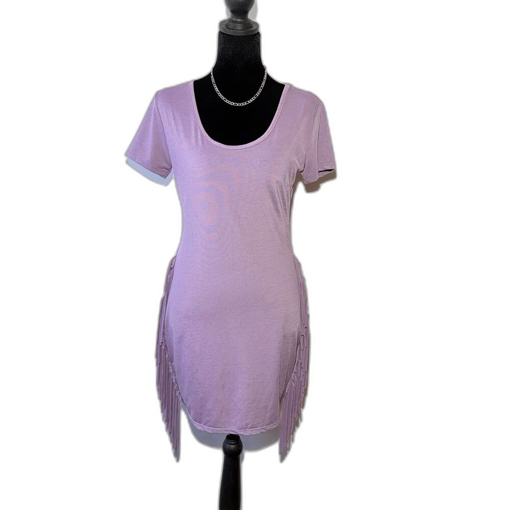 Lucky & Blessed Lavender fringe Mini dress Western Boho Stretch Women’s Sz S NWT